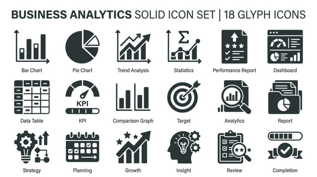 Icons display business analytics data.