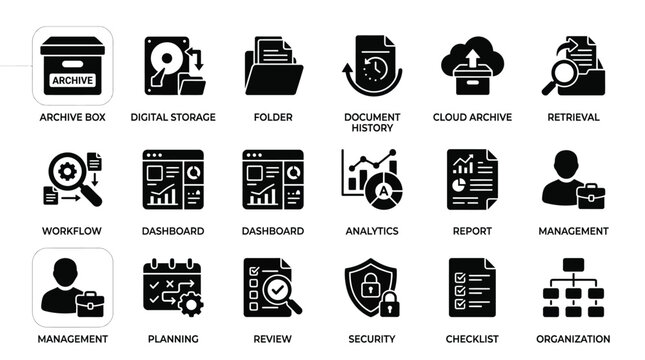 Icons illustrate document management.