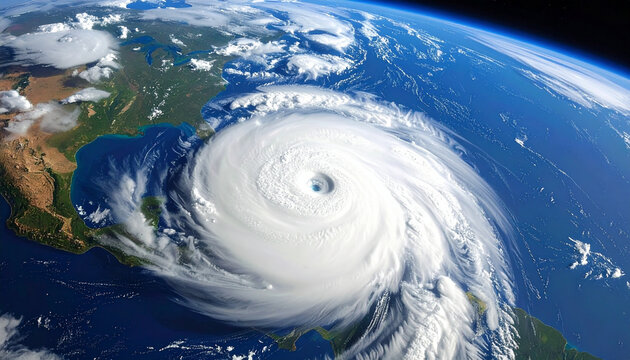 A giant hurricane with dense spiral clouds forms above a continent, showcasing ultra-detailed earth textures.