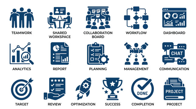 Business icons depict corporate workflow.