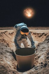 Fototapeta premium Astronaut Collecting Rock Samples From Red Planet Surface During Mars Exploration Mission In Space