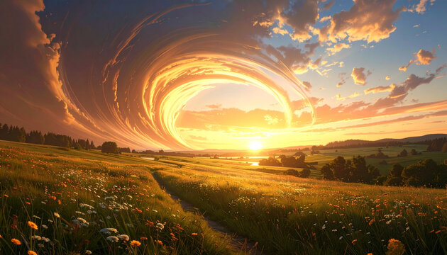 A giant swirling vortex appears over a peaceful meadow at sunset with warm tones.