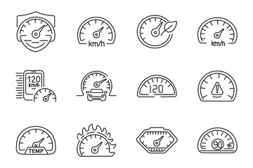 Obraz premium Vehicle dashboard set icon. Protective speedometer, ecological indicator, temperature gauge, warning monitor, digital acceleration tracker, automotive performance measurement.