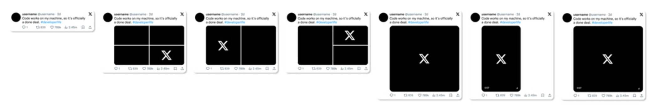 A comprehensive set of vector templates for social media posts, illustrating various image layouts, text formats, and video players in the style of the modern Twitter or X platform interface.