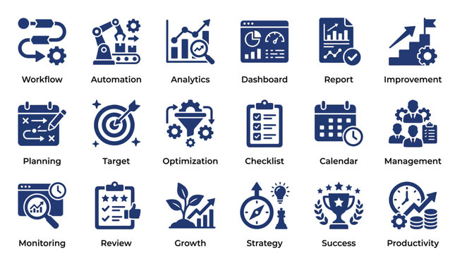 Business growth icons show progress.