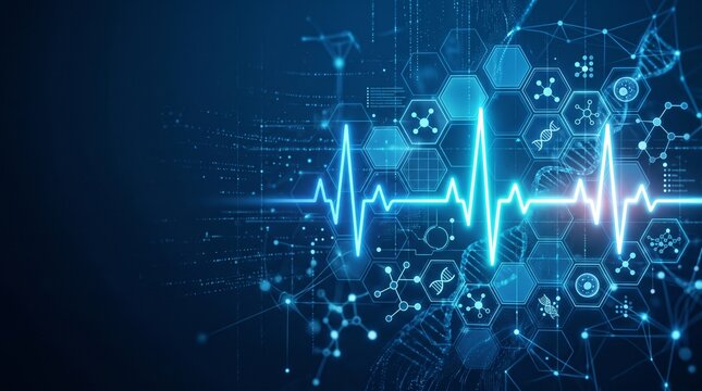 Medical heartbeat ekg pulse line on blue technology background with heartbeat