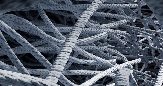 3D animation is an abstract macrostructure of intertwined rough stripes and porous fibers of dark gray with a bluish tinge. Complex multilayer geometry of micro carbon nanotubes, composite materials o