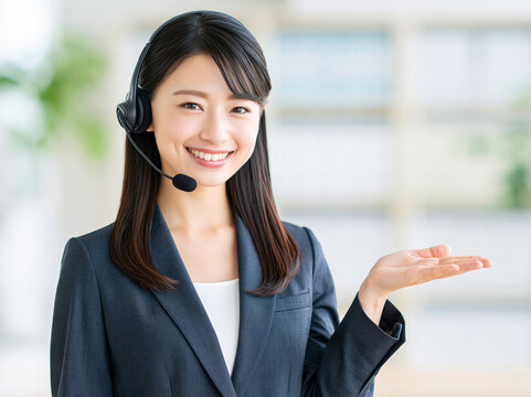 笑顔で案内するコールセンター女性