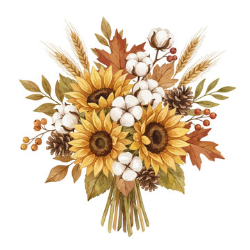 Vibrant sunflower bouquet with yellow orange blooms and green foliage in detailed realistic vector style.
