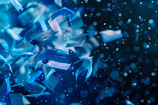 Abstract blue paper sheets floating in dynamic bokeh light background