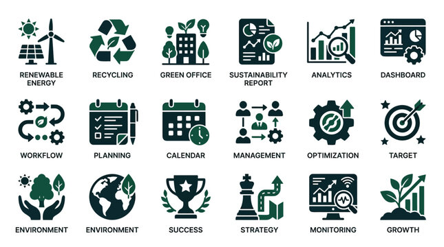 Sustainability icons depict green growth.