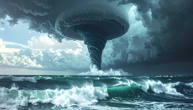 A giant tornado funnel forms under a stormy sky with ocean waves crashing in a cinematic scene.