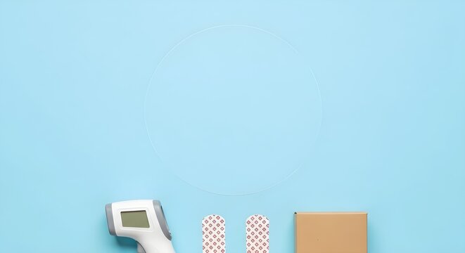 Medical healthcare equipment icons on pastel blue background with circular copy space featuring infrared thermometer adhesive bandages and medicine box flat lay design