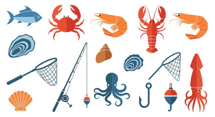 Seafood and fishing equipment flat icon collection © Bobo