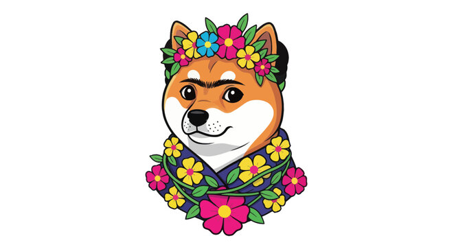 Shiba inu dog wearing a vibrant flower crown and floral shawl