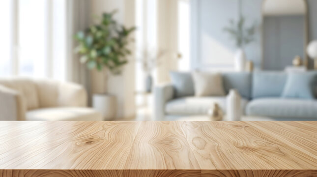 Empty Wooden Table Surface with Blurred Modern Living Room Background for Product Display Presentation Mockup Template