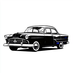 Naklejka premium Black outline illustration of a classic retro vintage sedan car isolated on a pure white background.
