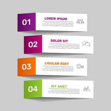 Four-step vertical banner infographic template with folded number tabs, placeholder text, business icons. Vector illustration.
