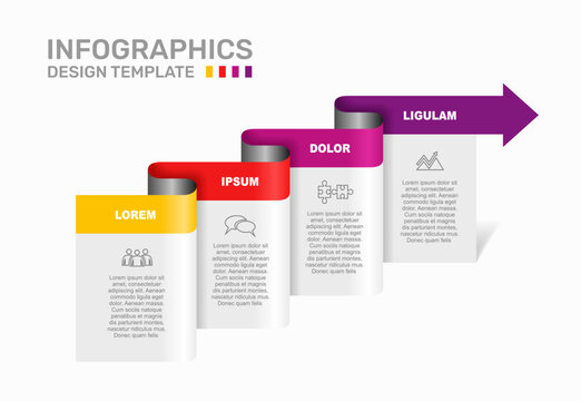 Modern business infographic template featuring four colorful staircase steps leading to an arrow. Vector illustration.