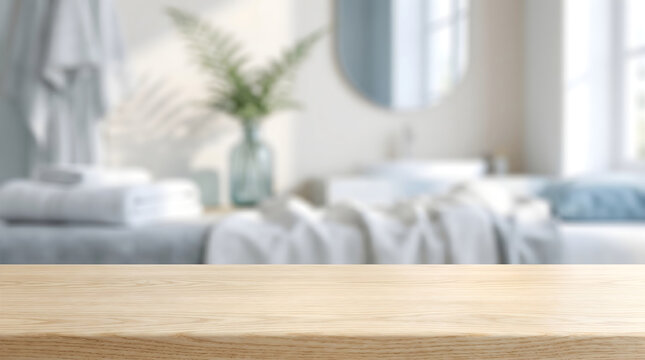 Empty Wooden Table with Blurred Bathroom Interior Background for Product Placement Mockup Presentation Design Concept