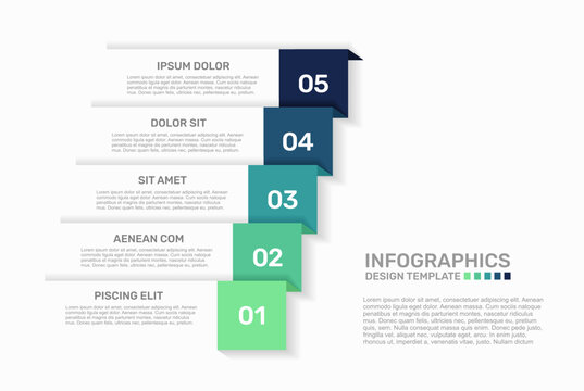 Modern business infographic template featuring five numbered colorful staircase steps and text. Vector illustration.