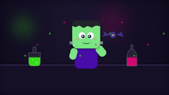 Cute Cartoon Frankenstein Monster Character Animation with Potions and Flying Bat.