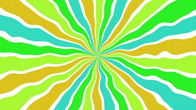 Bright, wavy, colorful sunburst pattern in green, yellow, turquoise. Radial design is perfect for psychedelic backgrounds, textiles, and prints.