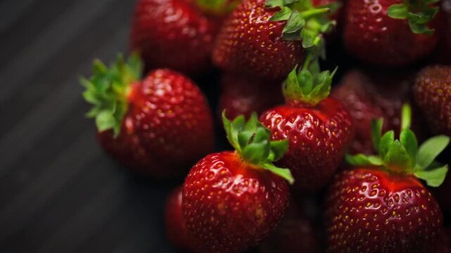 A close-up of fresh red strawberries lying on a table. Freshly picked strawberries with green leaves are displayed. A top view of the berry background reveals the texture and structure of the berries