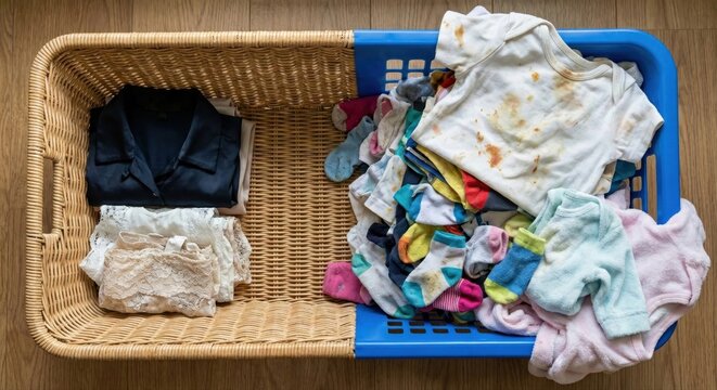 Duality of Laundry: Clean vs. Dirty Baby Clothes in Baskets.