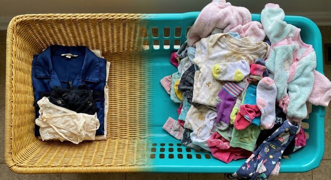 Before and After: Organized Clean Laundry versus Messy Dirty Clothes Basket