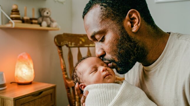 Father tenderly kisses his sleeping baby in a rocking chair.