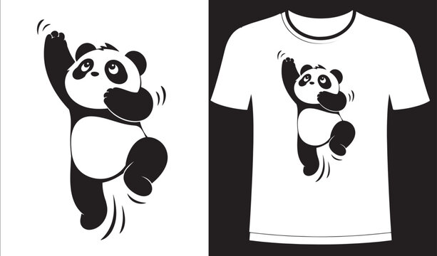 Cute Dancing Panda T-Shirt Design, Adorable Cartoon Panda Bear Vector Illustration, Funny Animal Character Graphic, Playful Kids Wildlife Mascot, Minimal Black and White Apparel Print