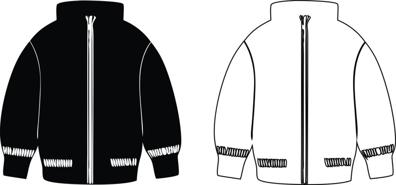 Black and White Zip Up Hooded Jacket with Ribbed Cuffs Streetwear Fashion Vector Illustration Set