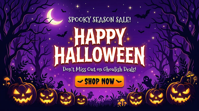 Spooky season sale happy halloween banner with pumpkins and shop now button