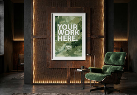 Vertical Art Poster Mockup in white frame on metal rust wall with ambient led light behind