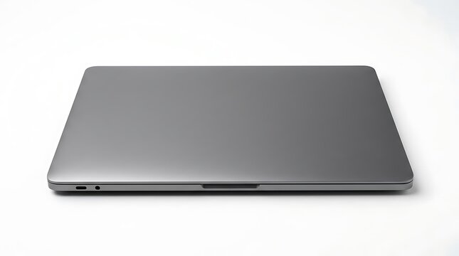 Closed modern grey laptop on a white background, front angled perspective showing opening notch and left side ports