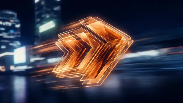 Futuristic glowing arrows forming a dynamic digital speed trajectory at night.