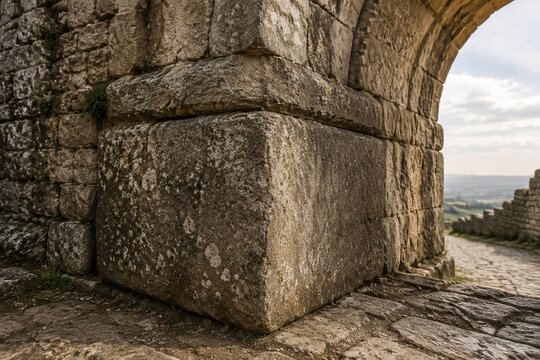 A massive, weathered cornerstone supporting an ancient stone archway.