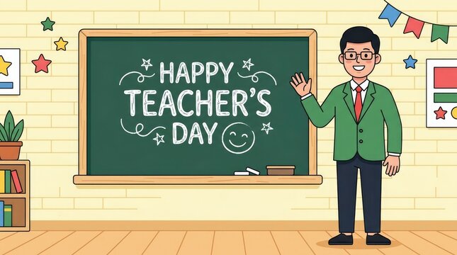 Happy teacher waving on teacher's day illustration