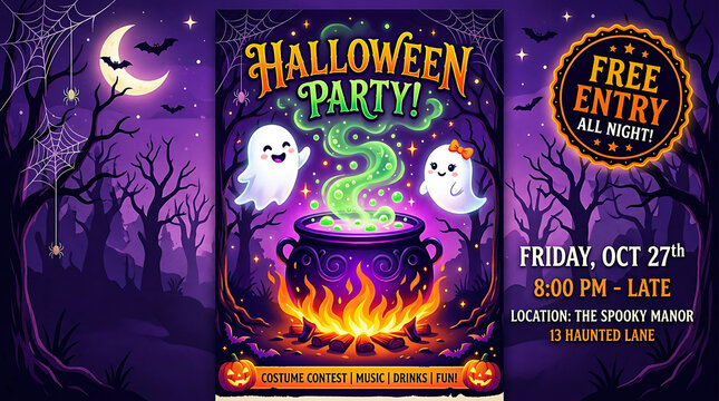 Halloween party night flyer with magic cauldron and cute ghosts illustration