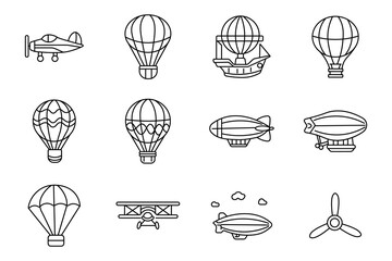 Aviation transport set icon. Airplane, balloon, zeppelin, propeller aircraft, airborne navigation, retro flight machinery, aerial transportation, sky expedition equipment. © Кирилл Макаров