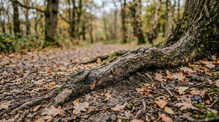 Fototapeta premium Forest floor with exposed tree roots and fallen autumn leaves.