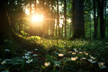 Obraz premium Forest clearing green forest sunlight sunbeam tree trunk woodland grass flower moss nature