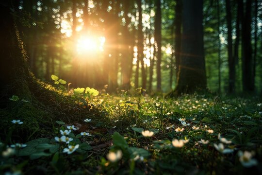 Forest clearing green forest sunlight sunbeam tree trunk woodland grass flower moss nature