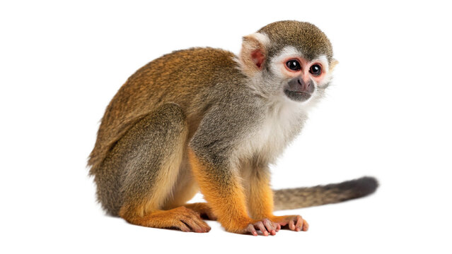 Cute small squirrel monkey wild mammal animal sitting isolated on a transparent background