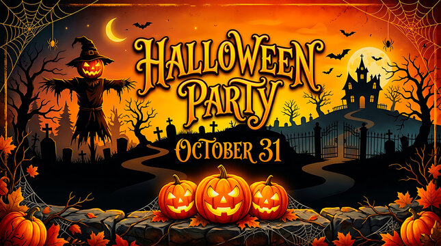 Halloween party invitation background with jack-o-lanterns and scarecrow