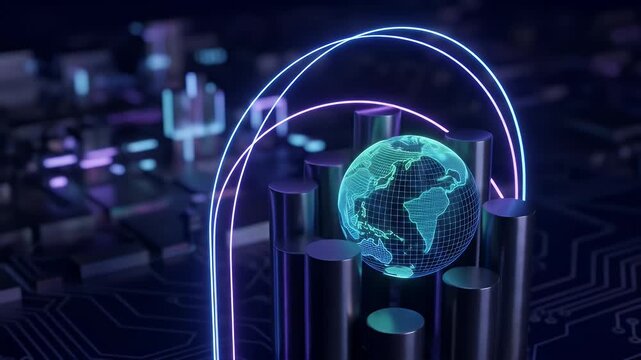Modern digital network connecting global data centers with futuristic design elements.