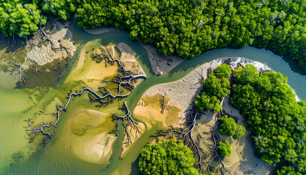 Abstrakte Luftaufnahme von oben auf einen Gezeiten-Mangrovensumpf, komplexe ver&auml;stelte Wurzelmuster in blassem Olivgr&uuml;n und khaki-braunem Brackwasser, organisch