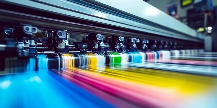 Industrial large format digital printer producing vivid colorful prints in a professional print shop