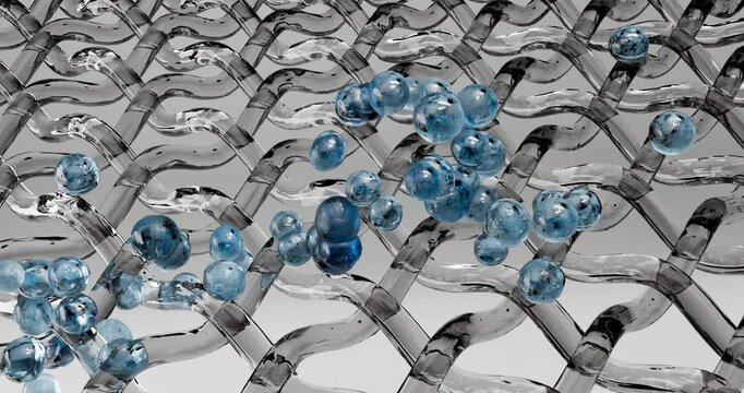 3D animation of a glass woven mesh through which numerous translucent blue spheres pass and linger. The process of purification, sorption or retention of particles, the contrast between the glossy lat
